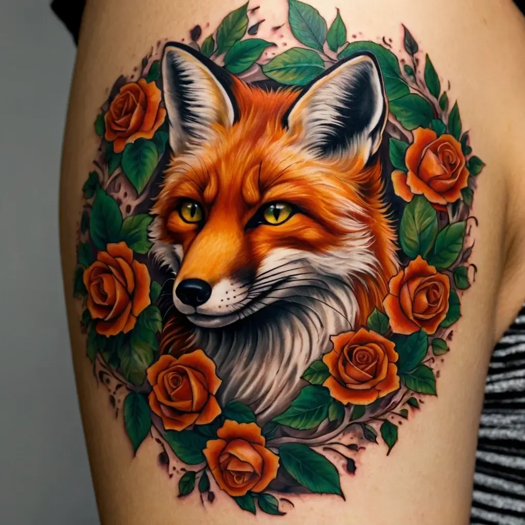 Vivid tattoo of a fox surrounded by vibrant orange roses and green leaves, showcasing bold colors and intricate details.