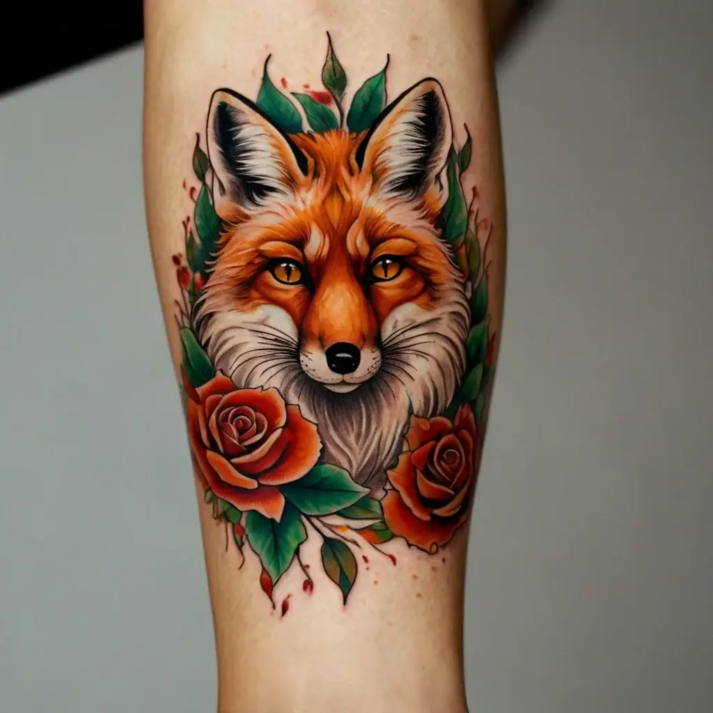 Realistic fox head tattoo with vibrant orange and black details, framed by red roses and green leaves.