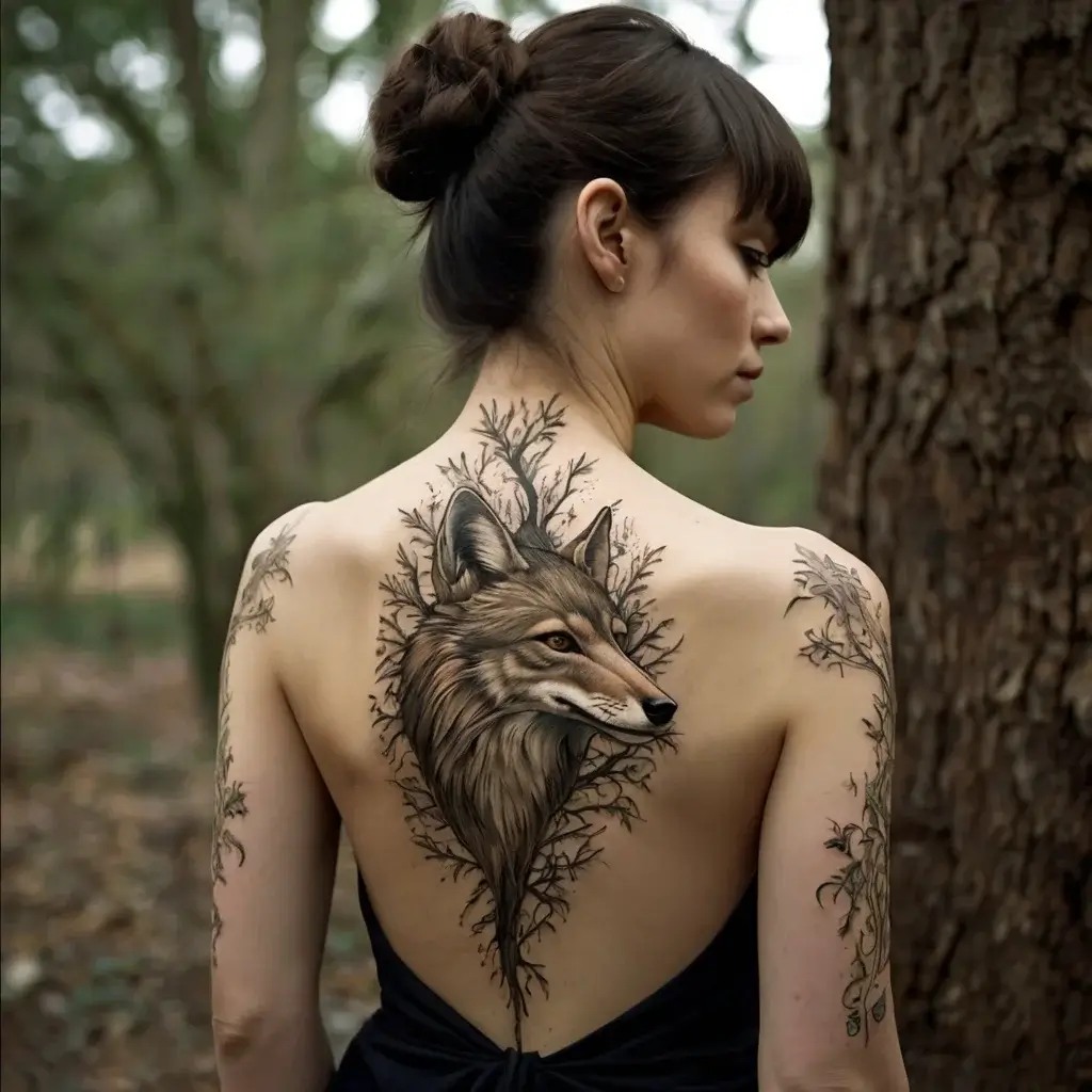 Tattoo of a realistic wolf surrounded by branches on a woman's back and arms, blending nature with a fierce gaze.