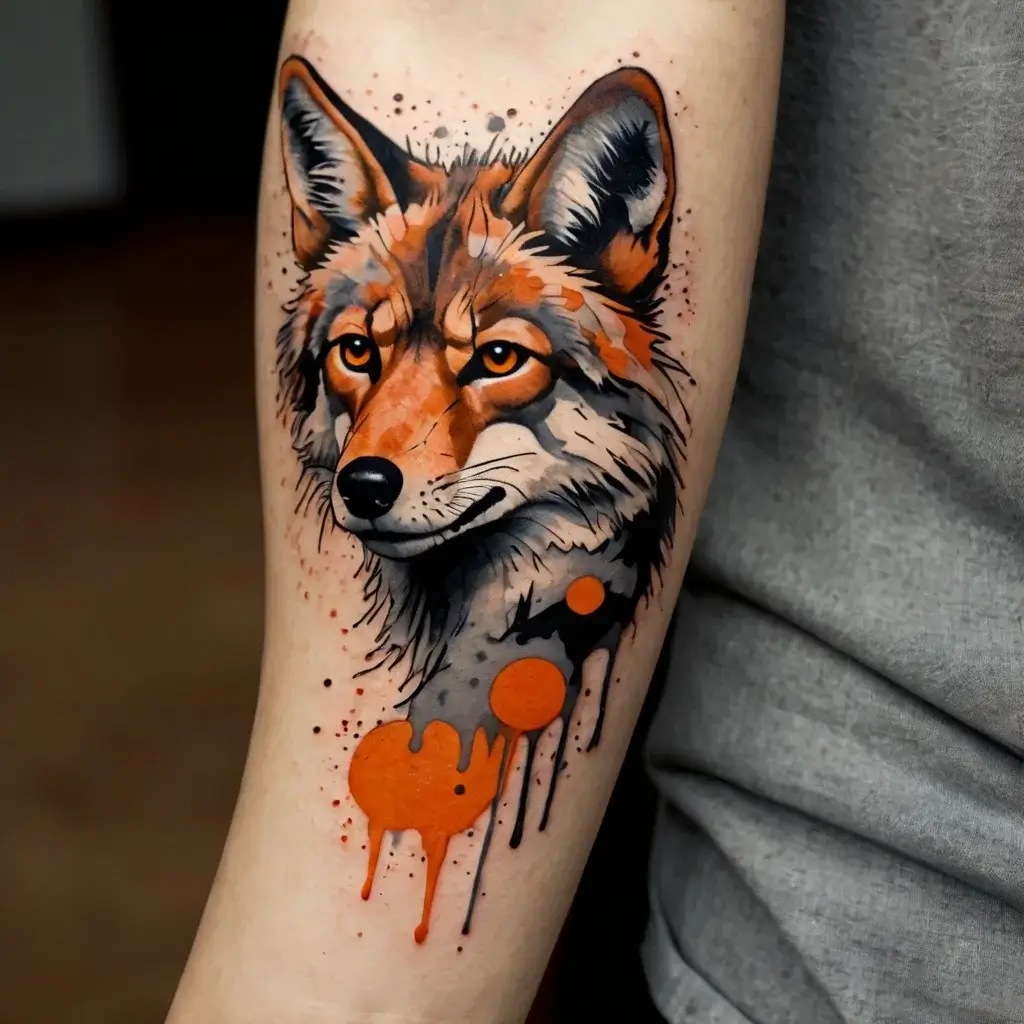 A realistic fox tattoo with vibrant orange and black accents, featuring splatter and drip effects for a dynamic look.