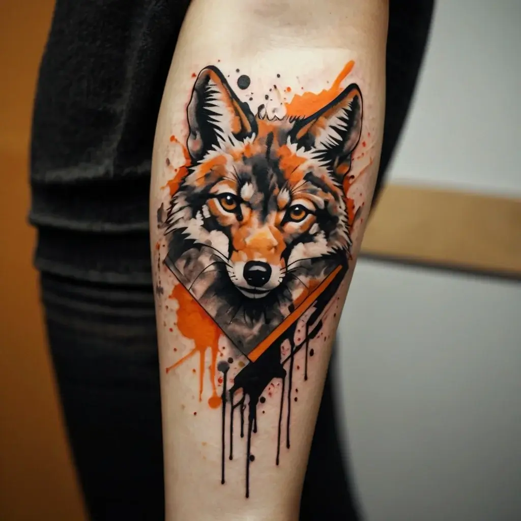 Watercolor tattoo of a realistic fox head with vibrant orange splashes and geometric elements on the forearm.