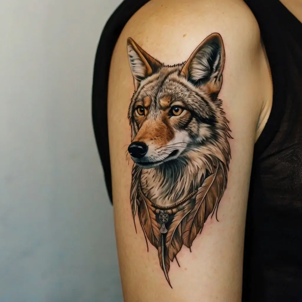 Realistic wolf tattoo on upper arm, adorned with feathers and a detailed necklace, symbolizing strength and wisdom.