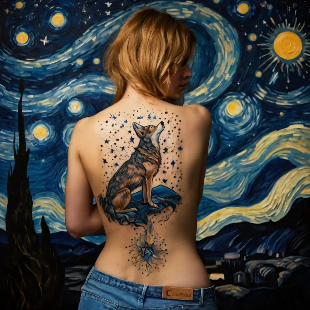 Tattoo of a howling wolf on a rock, surrounded by swirling stars and cosmic elements, evoking Van Gogh's Starry Night.