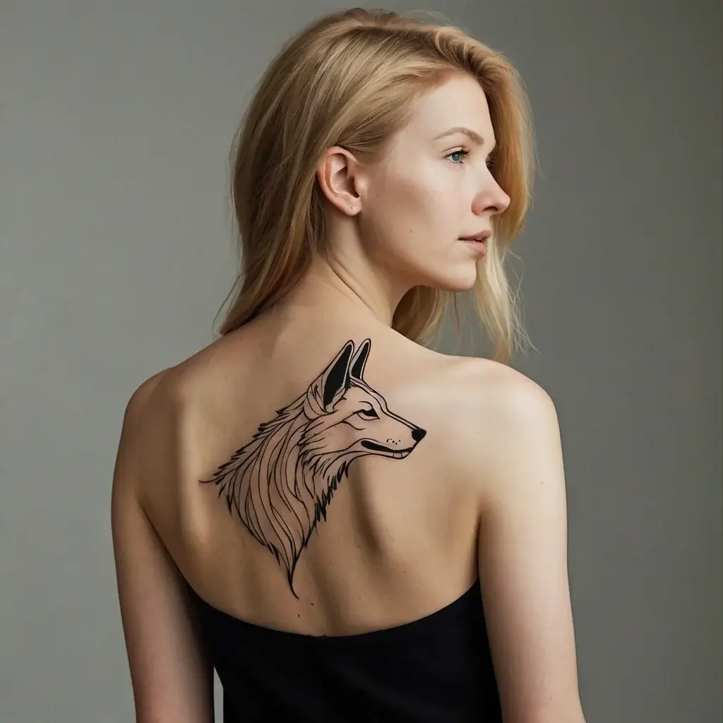 A minimalist wolf tattoo in black outlines on the upper back, showcasing detailed fur and a proud profile.