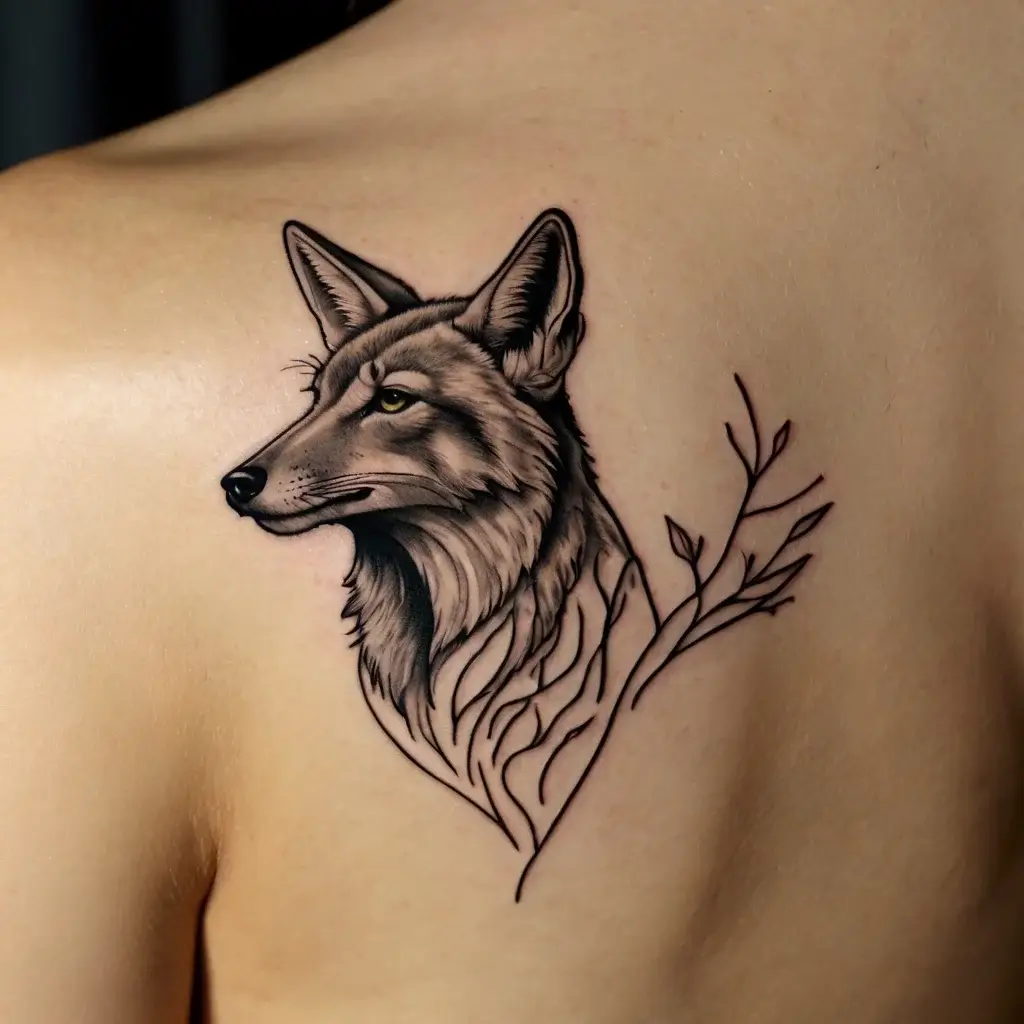 Realistic wolf head tattoo with flowing fur and delicate branch elements, symbolizing freedom and natural beauty.