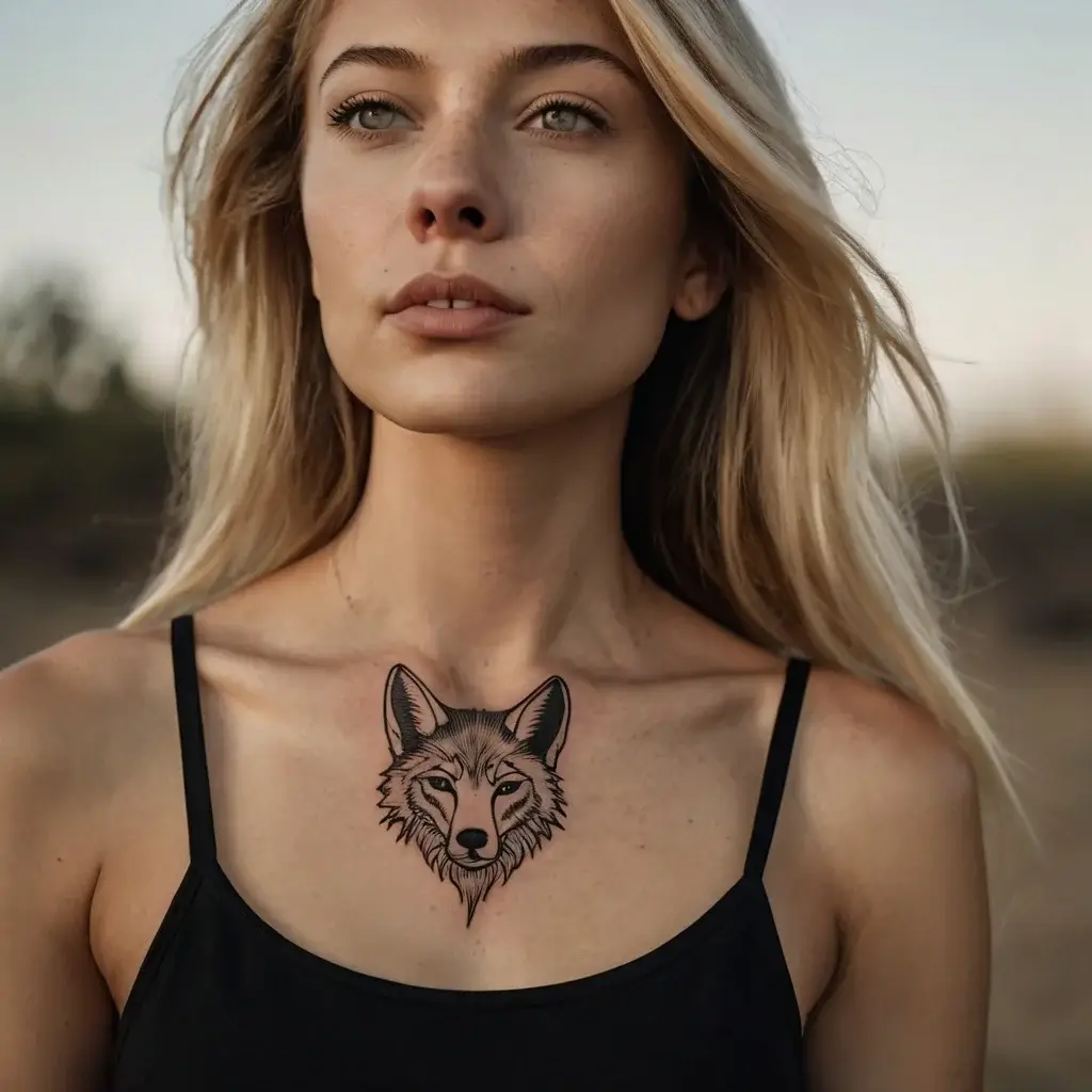 A detailed wolf head tattoo with intense eyes and realistic fur texture on the upper chest, symbolizing strength and intuition.