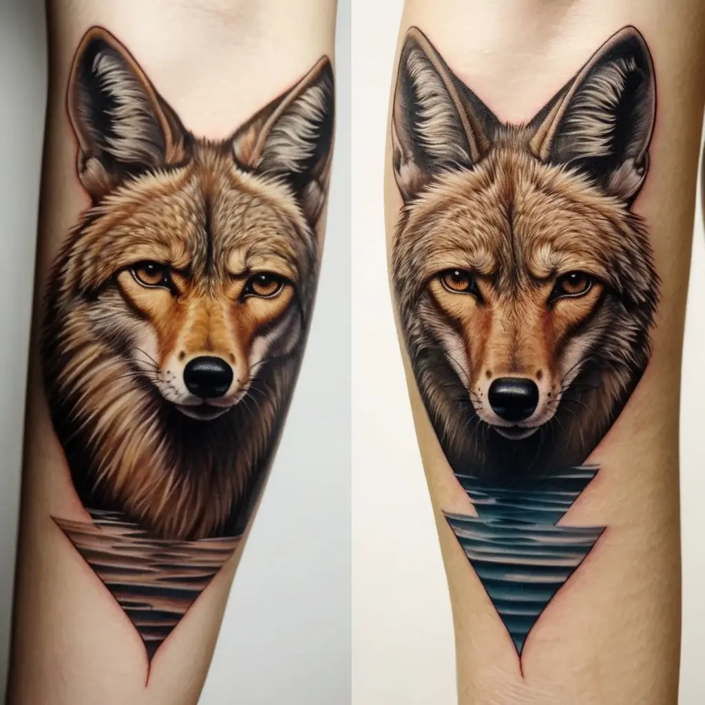 Realistic coyote tattoo with sharp detailing, set above geometric shapes resembling rippling water on the forearm.