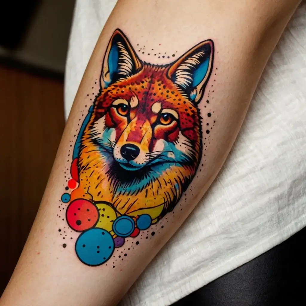 A vibrant fox head tattoo with colorful abstract accents and bold outlines, featuring geometric circles beneath.