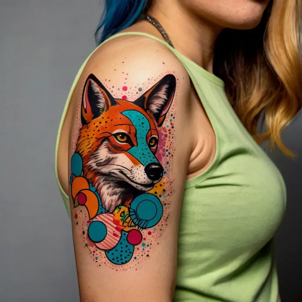 Colorful fox tattoo in neo-traditional style with abstract geometric shapes, featuring bold blues and oranges.