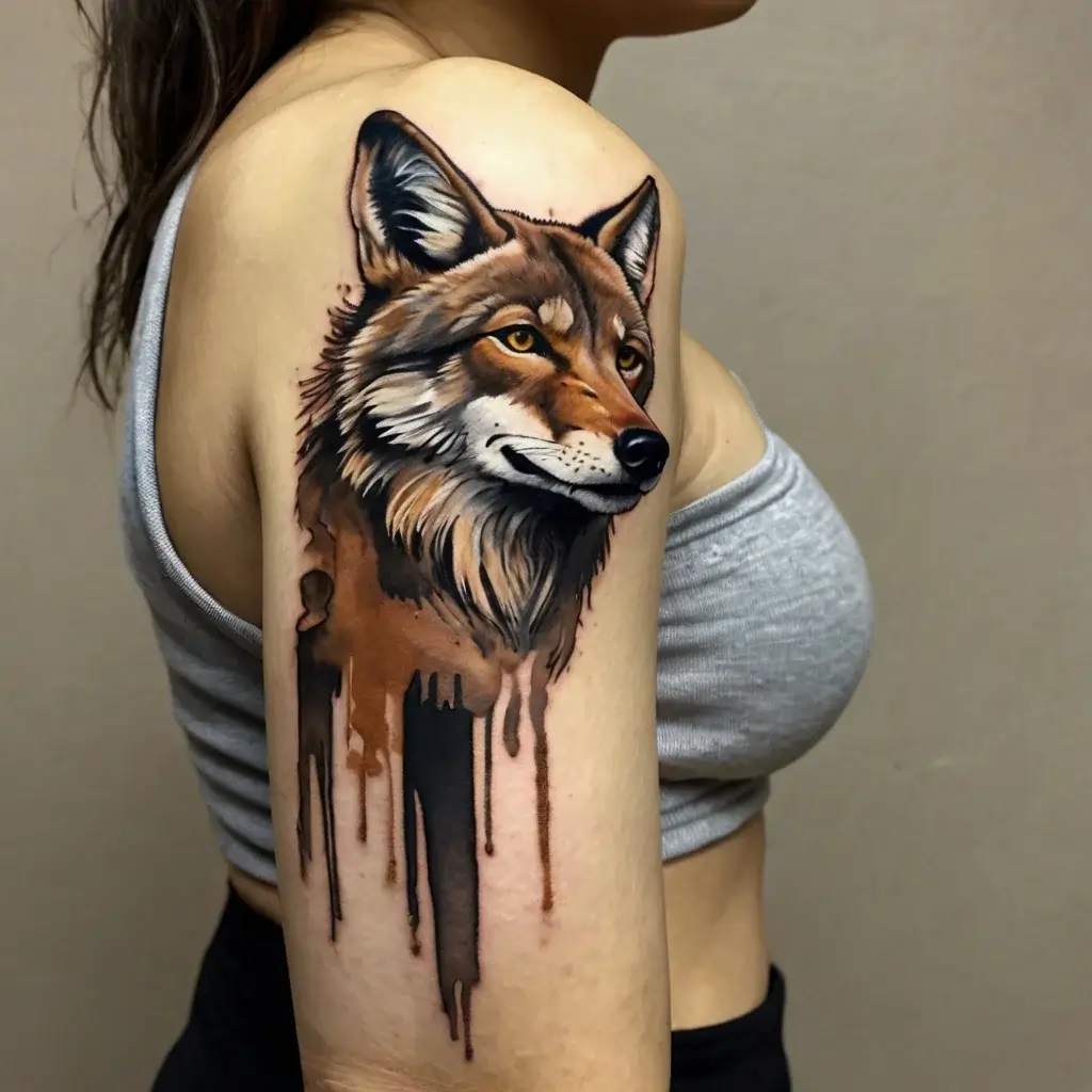 Watercolor tattoo of a wolf head on the upper arm, featuring realistic details and dripping paint effects.