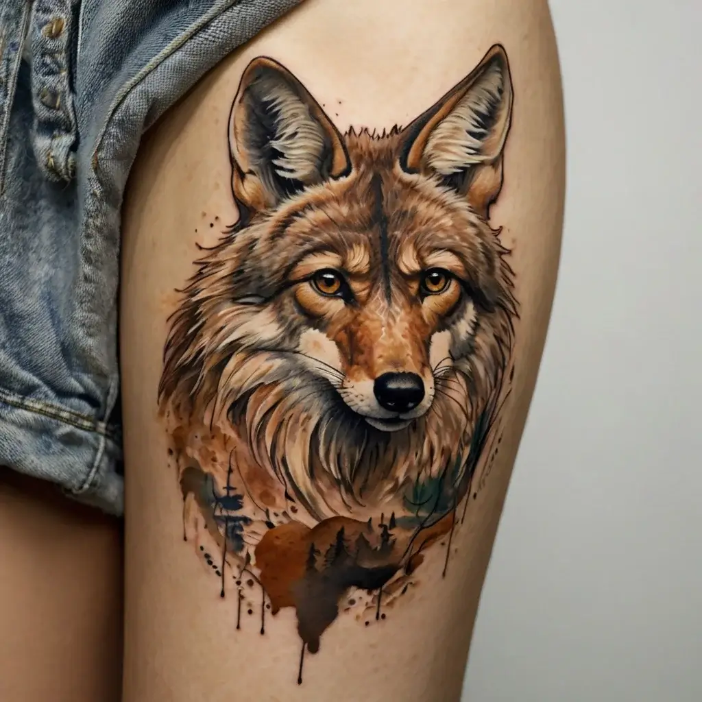 Realistic wolf head tattoo with watercolor effects and forest silhouettes, depicting wilderness and strength.