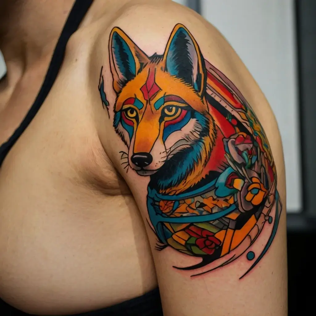 Neo-traditional fox tattoo on upper arm features bold colors and geometric accents, surrounded by vibrant flowers.