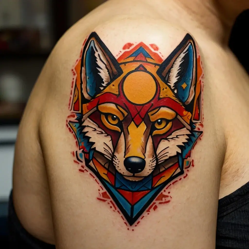 Geometric fox tattoo with bold colors and dynamic lines, featuring a sun above, symbolizing wisdom and adaptability.