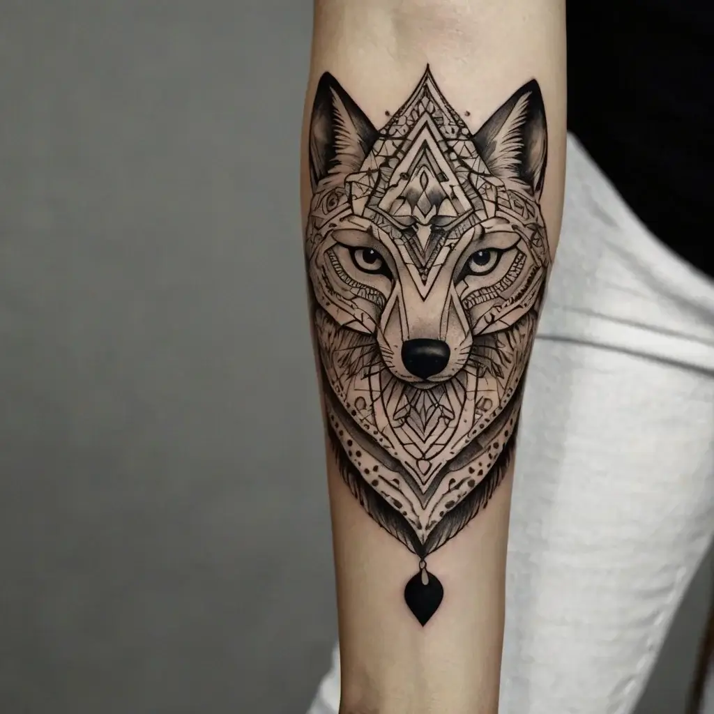 Stylized geometric wolf tattoo with intricate linework, highlighting symmetry and detailed patterning on the forearm.