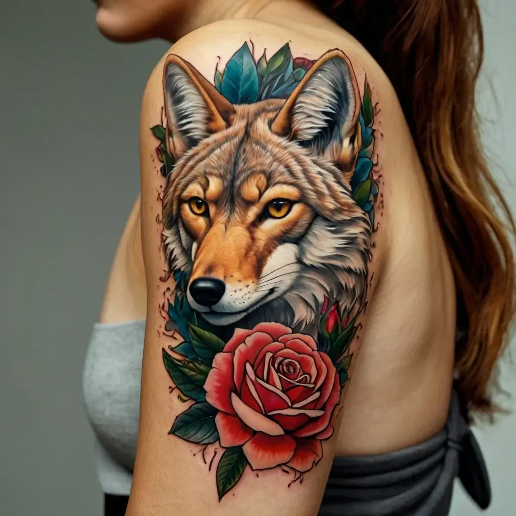 Tattoo of a realistic wolf head surrounded by vibrant green leaves and a detailed red rose on the upper arm.