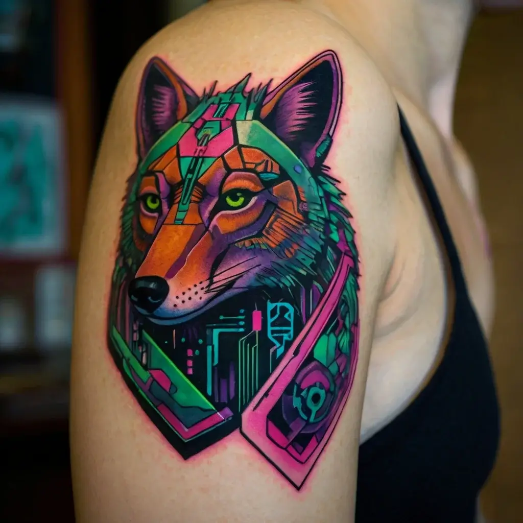 Geometric wolf tattoo with vibrant neon colors, combining animal and futuristic cyber elements on the upper arm.