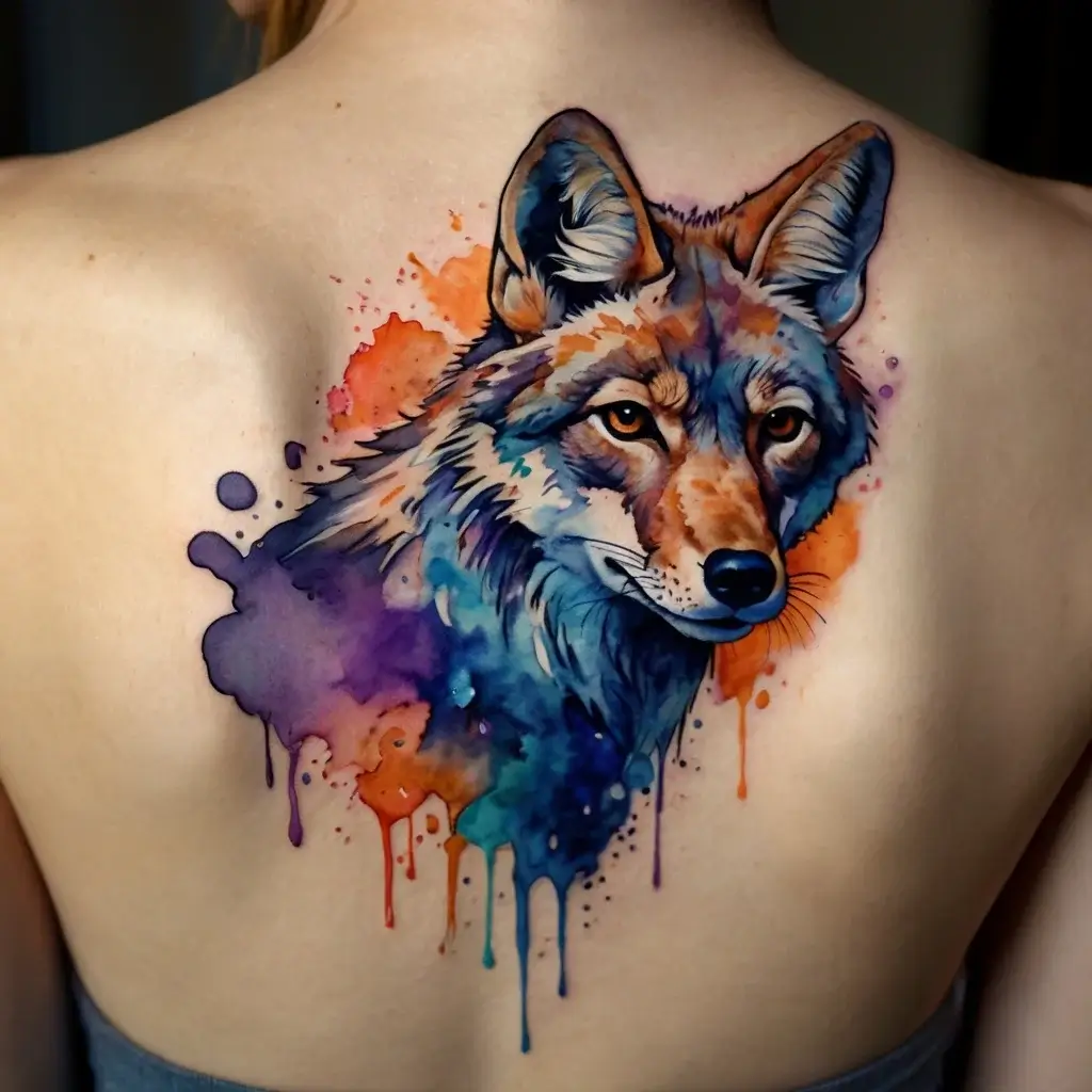 Colorful watercolor-style tattoo of a wolf on the back, featuring vibrant blues, purples, and oranges blending seamlessly.