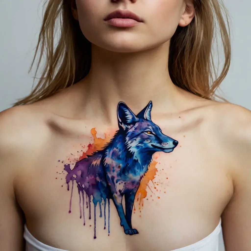 Watercolor wolf tattoo on the chest, featuring vibrant blues and purples with orange splatters, creating an artistic splash effect.