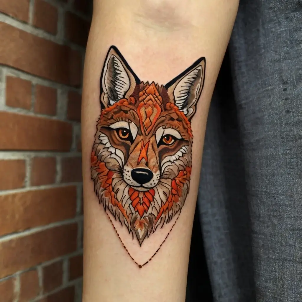 Colorful geometric wolf tattoo on forearm, featuring vibrant orange and brown hues, emphasizing strength and intuition.