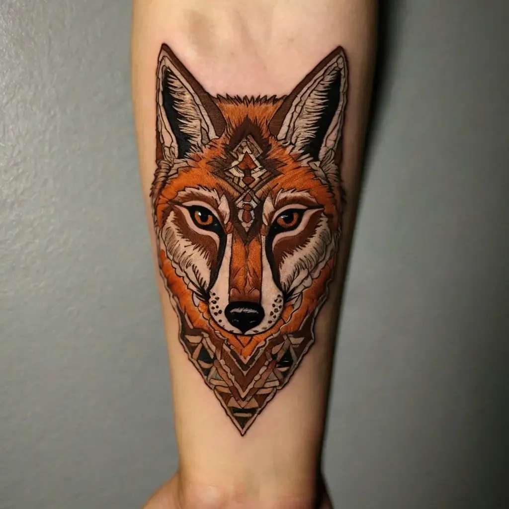 Geometric wolf tattoo in bold oranges and browns, featuring intricate linework and symmetrical tribal patterns.