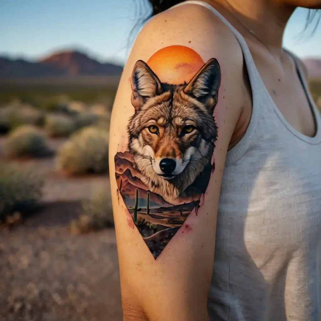 Realistic coyote tattoo with sunset and desert landscape on upper arm, capturing nature's wild beauty.