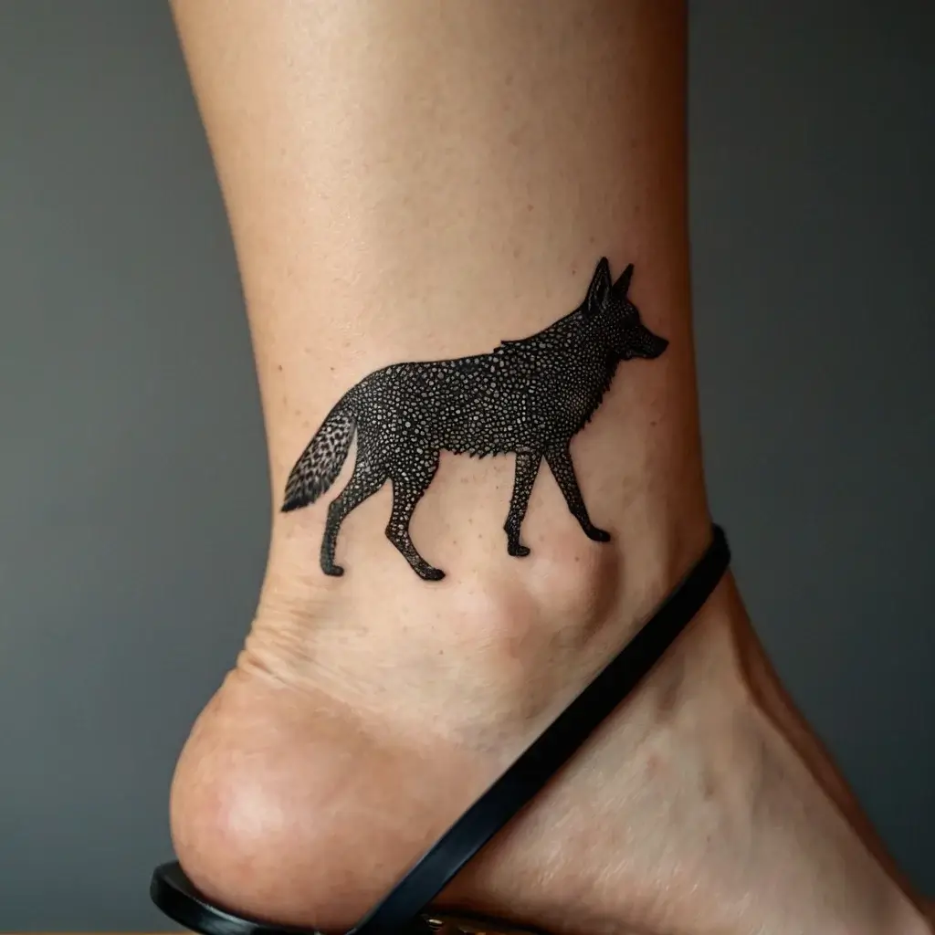 Silhouette tattoo of a wolf on the ankle, intricately dotted for texture, conveying strength and mystery.