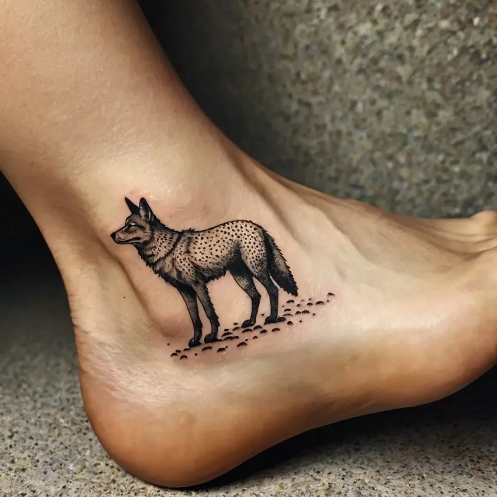 Tattoo of a detailed, black ink fox on an ankle, featuring fine dots and shading, standing on dot-represented ground.