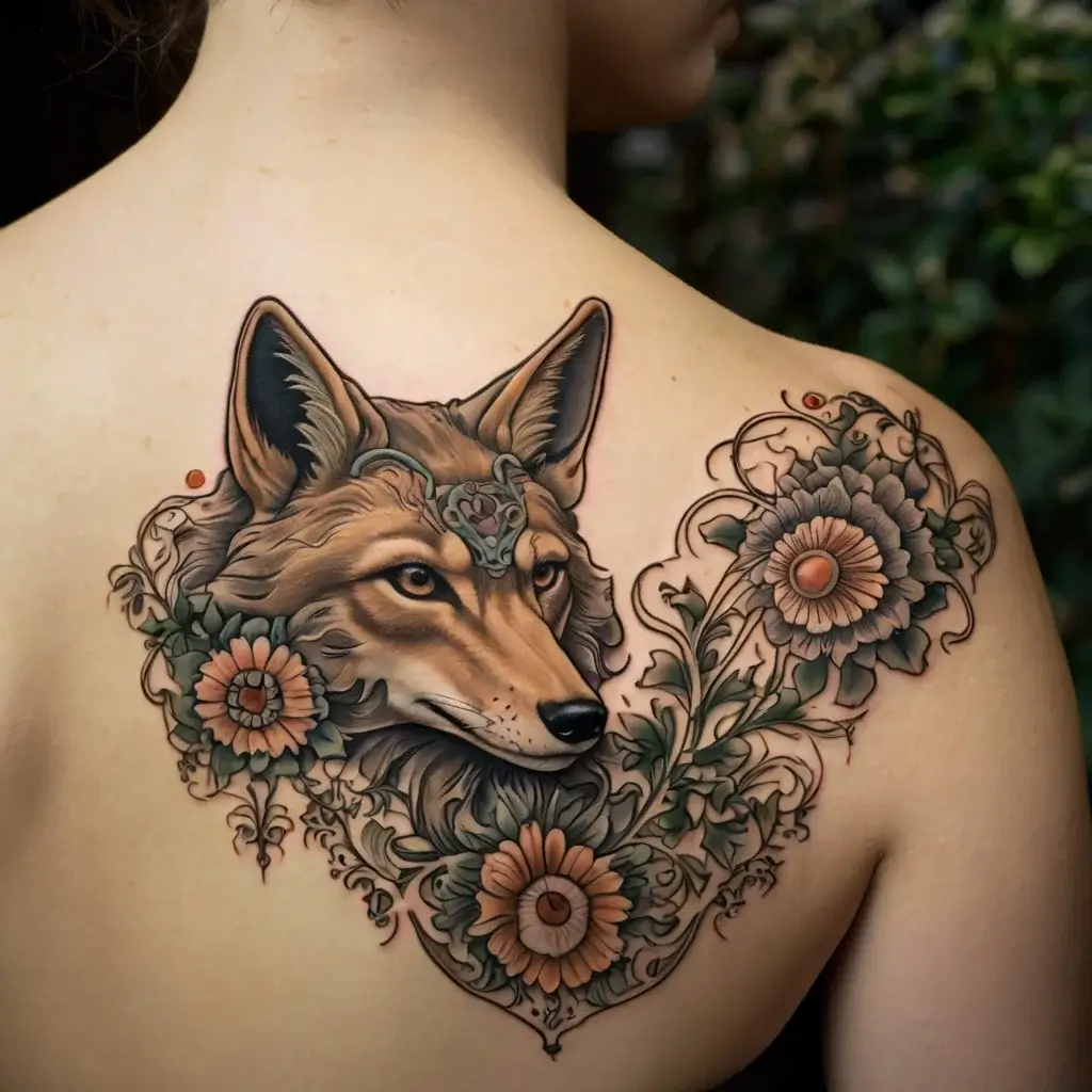 Tattoo of a detailed coyote head framed by intricate flowers and vines, blending nature and art on back shoulder.