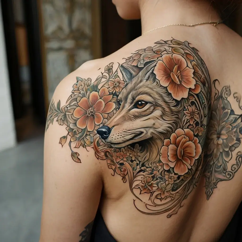 Tattoo of a wolf with intricate fur details, surrounded by lush orange flowers and delicate vines on the upper back.