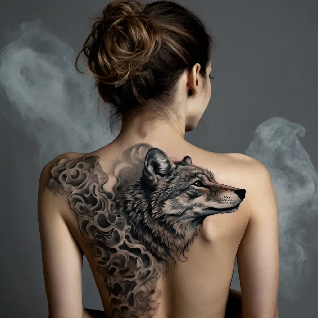 Realistic wolf head tattoo with detailed fur, accompanied by wispy smoke-like patterns, spanning the upper back.