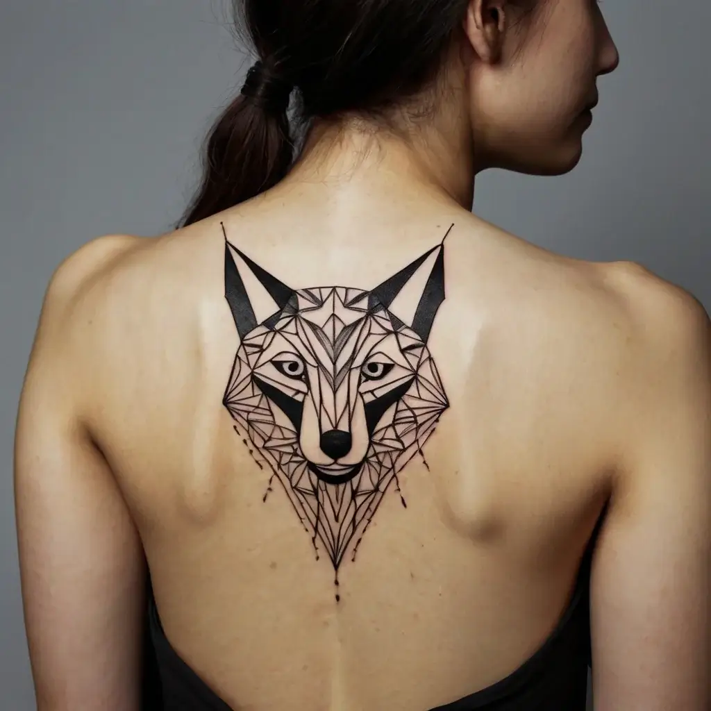 Geometric wolf tattoo with sharp lines and angles, centered on the upper back, symbolizing strength and cunning.