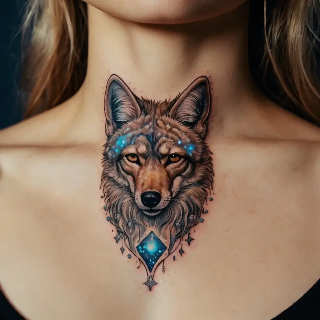 Tattoo of a detailed wolf face with glowing blue accents, cosmic elements, and stars on the chest, symbolizing mysticism.