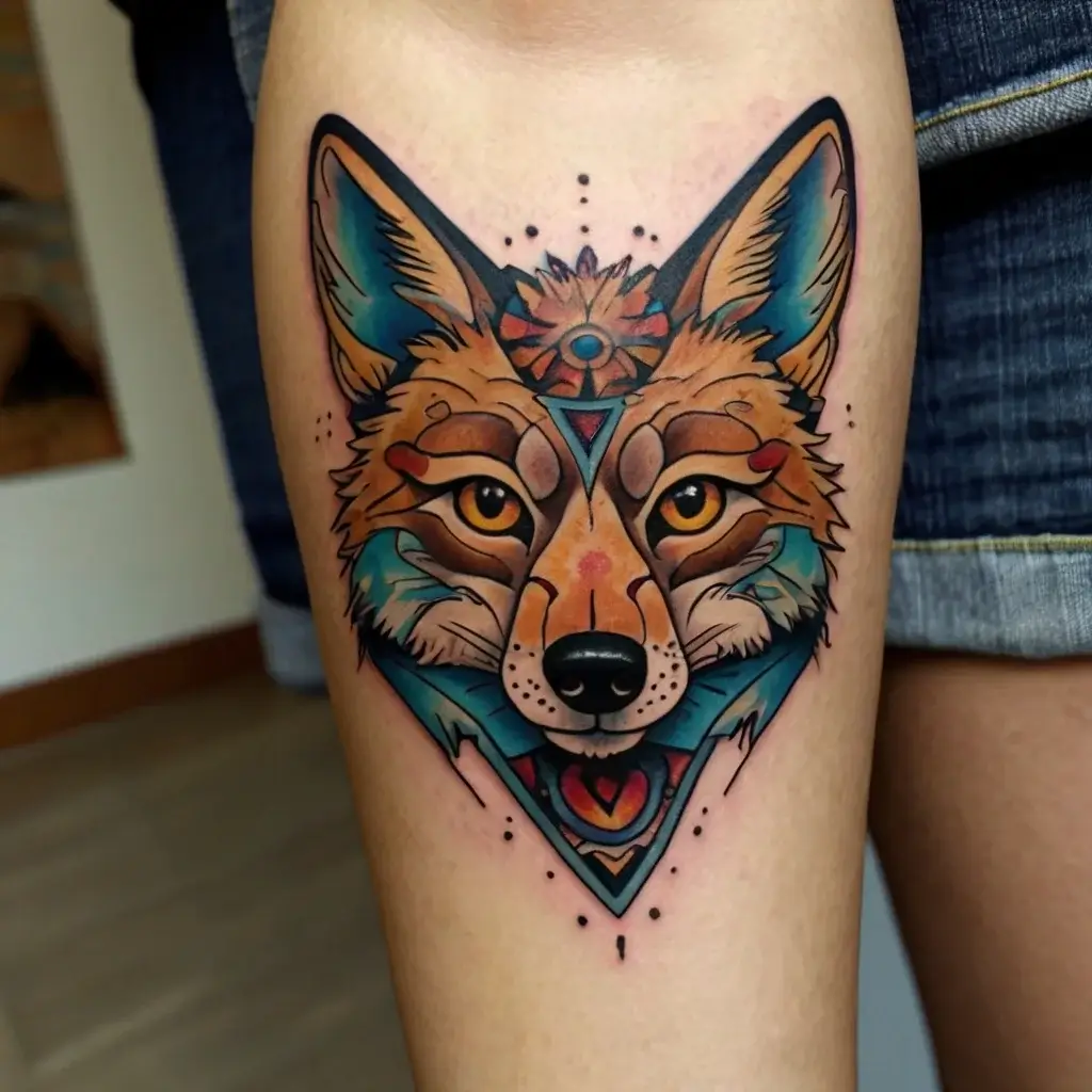 A vibrant geometric fox tattoo with bold outlines, featuring colorful eyes and mystical symbols in a triangular frame.