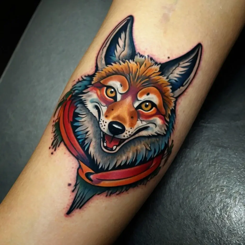 Stylized fox tattoo with vibrant colors and sharp lines, featuring a red scarf and a playful expression.