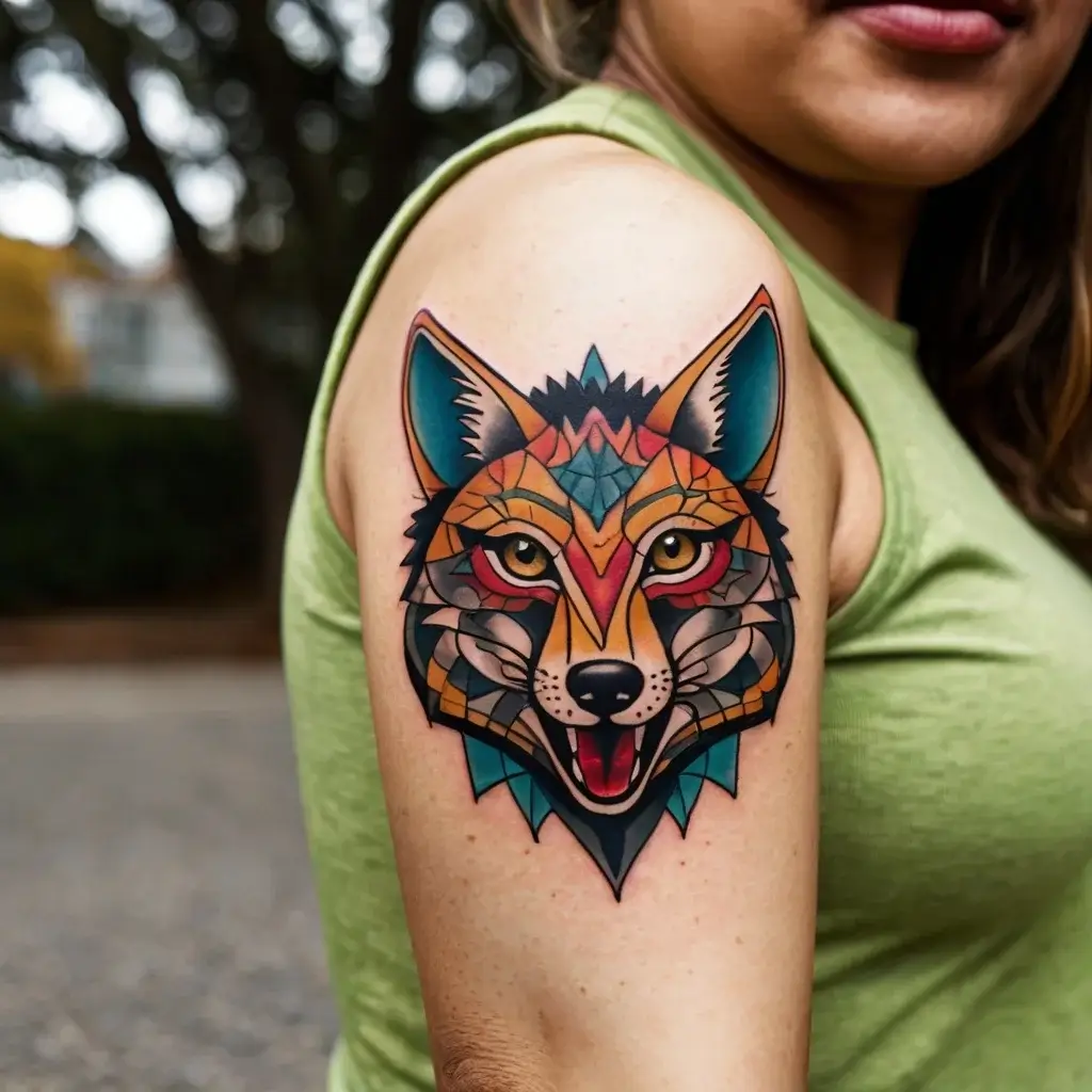 Geometric fox tattoo on upper arm, featuring vibrant orange, blue, and red hues with intricate patterns and sharp lines.