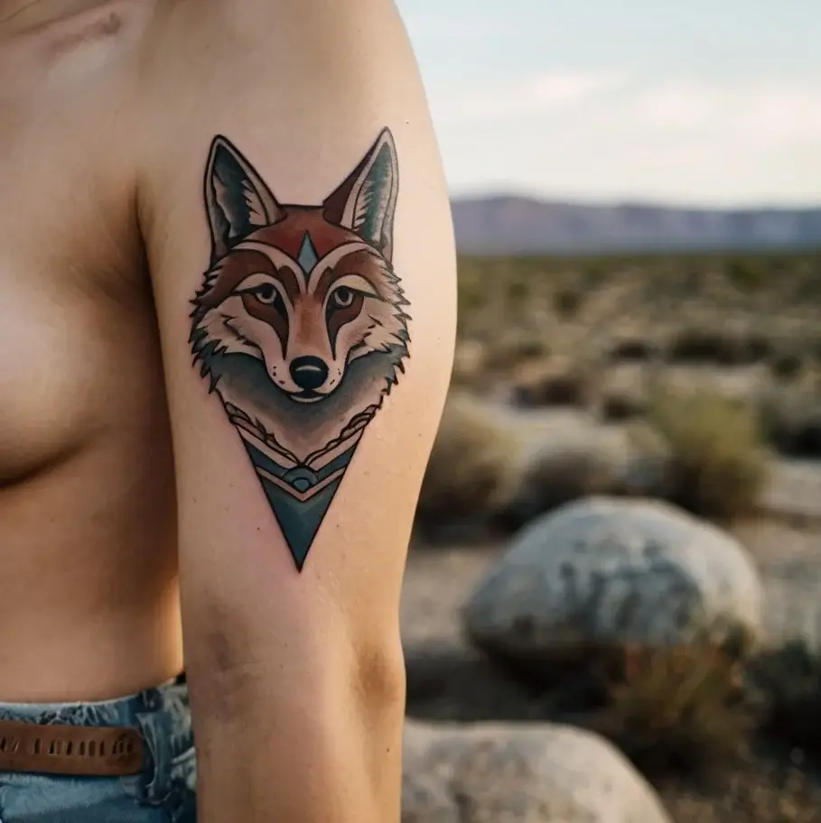 Geometric wolf tattoo on upper arm, featuring angular shapes, earthy tones, and intricate line work.