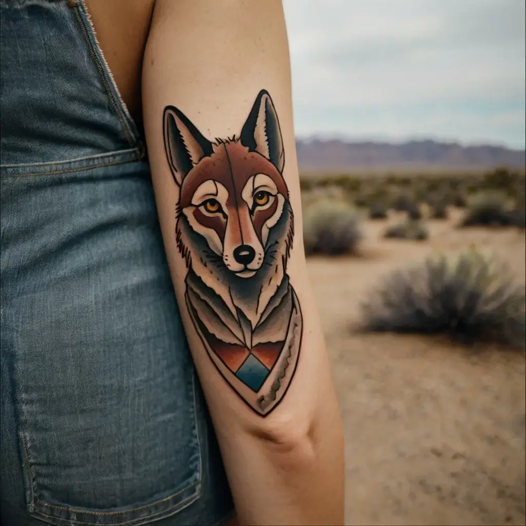 Tattoo of a stylized coyote with geometric patterns and earthy colors on the upper arm, blending natural and abstract styles.