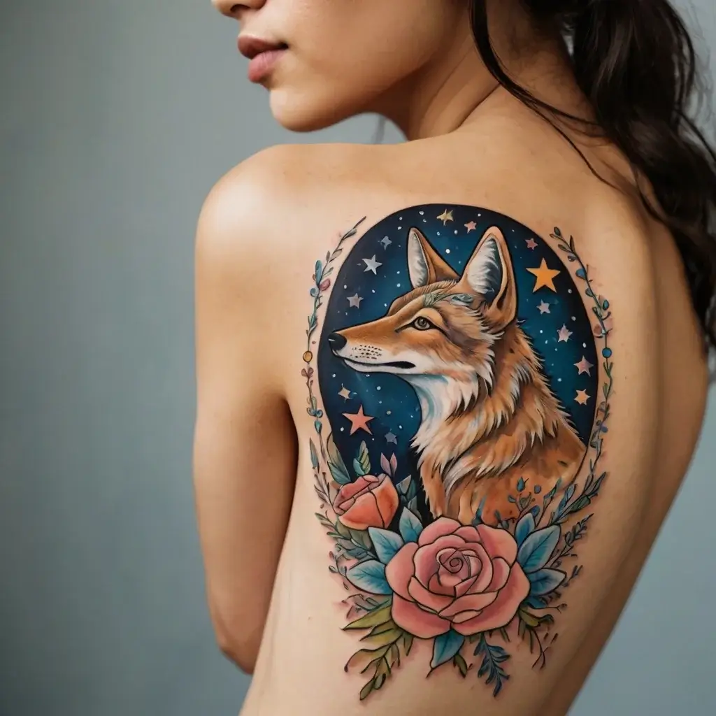 Tattoo of a fox framed by stars, surrounded by roses and leaves on the back, symbolizing beauty and wilderness.