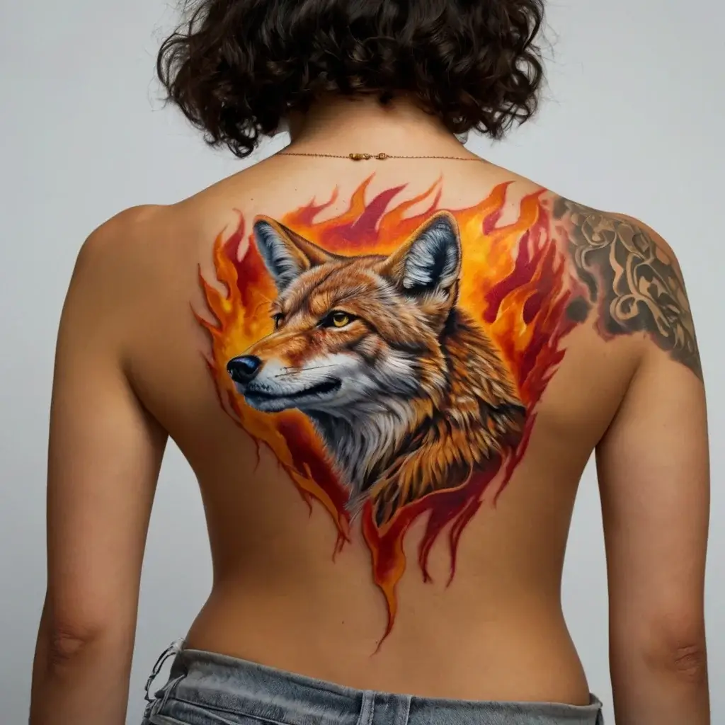 Realistic wolf tattoo on back with vibrant flames surrounding, symbolizing strength and transformation.