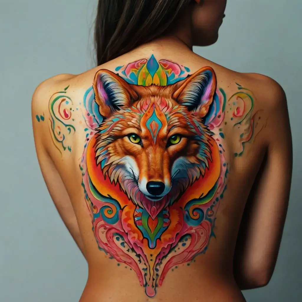 Vibrant fox tattoo on back, adorned with colorful swirls and patterns, symbolizing cunning and adaptability.