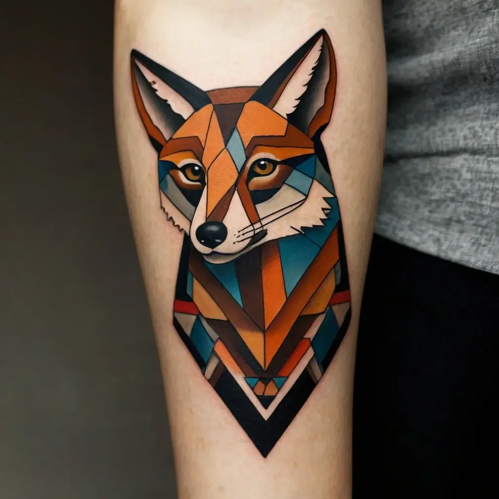 Geometric fox tattoo in vibrant orange, blue, and brown, showcasing triangular shapes for a modern, abstract look.