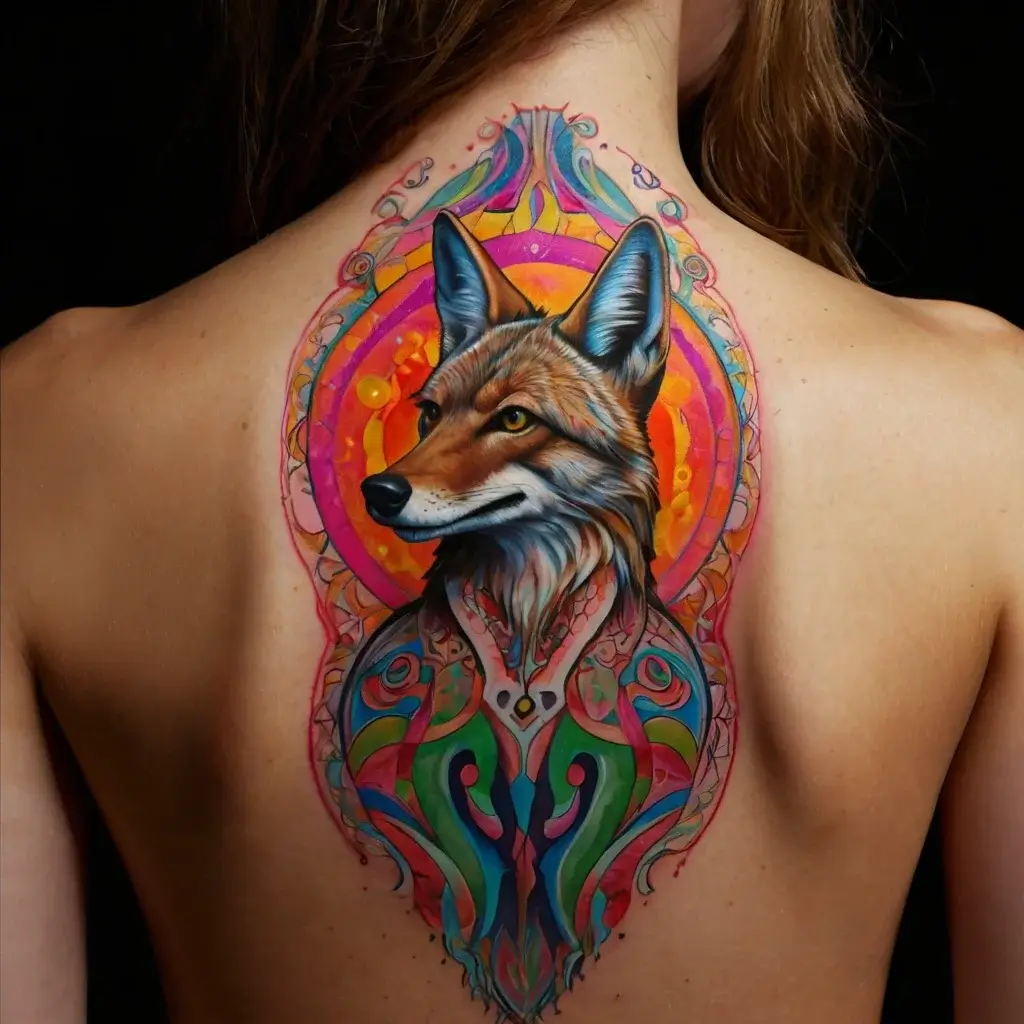 Vibrant fox head tattoo with ornate patterns and swirling colors in a mystical, symmetrical design on the upper back.