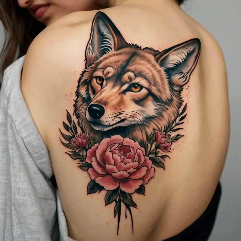 Tattoo of a realistic wolf head with bright eyes, adorned with detailed pink peonies and green foliage on upper back.