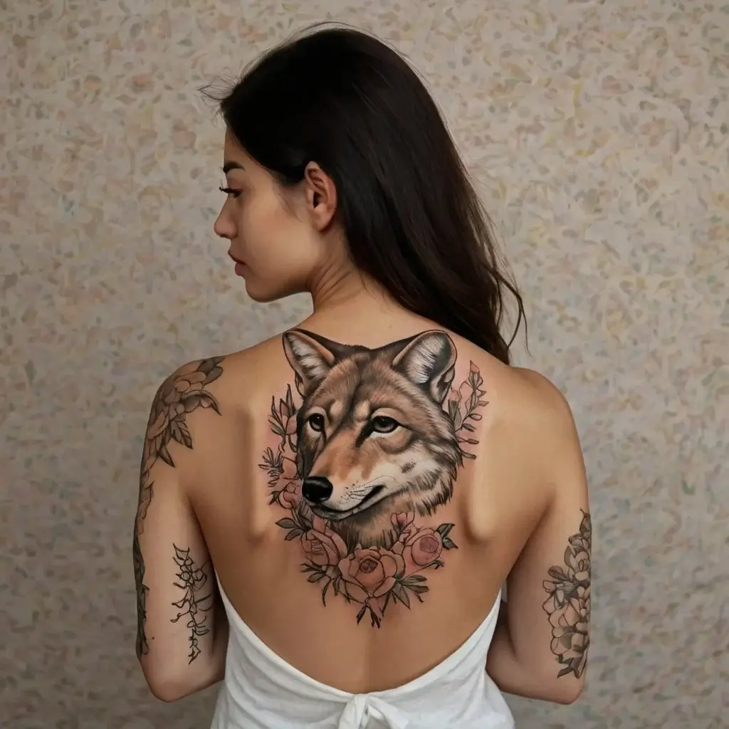 Wolf head tattoo with realistic detail, surrounded by roses and leaves on a woman's back. Floral motifs on her arms.