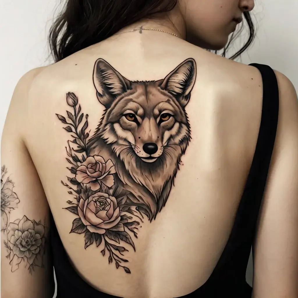 A detailed wolf tattoo on the back, complemented by roses and foliage, blending realism with soft shading for depth.