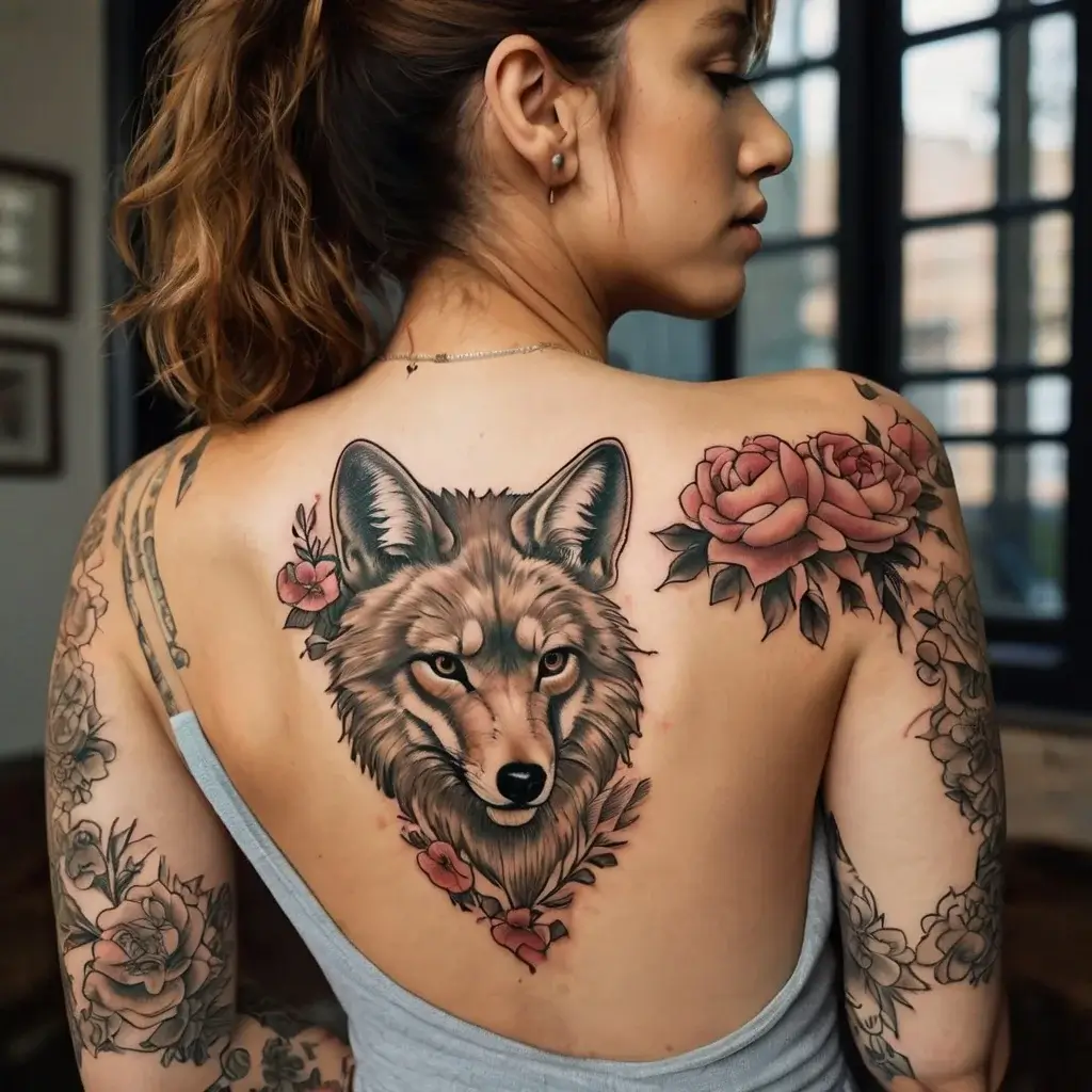 Realistic wolf with floral accents and roses tattooed on woman's back and shoulders.