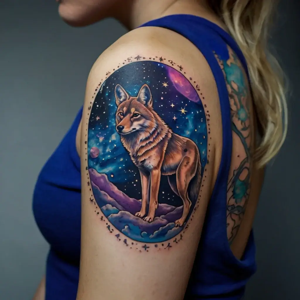 A vibrant wolf tattoo on the arm, set against a cosmic background with stars and planets, symbolizing freedom and strength.