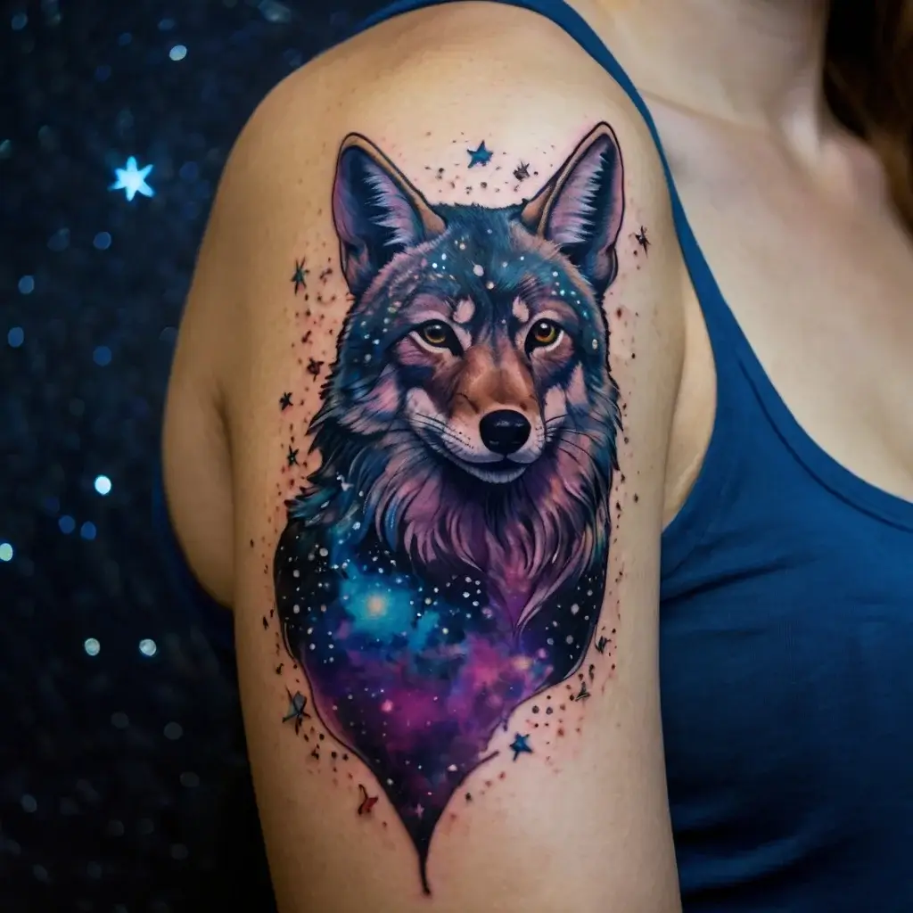 Tattoo of a cosmic wolf with vivid stars and galaxies, blending realism and surrealism, on a person's upper arm.