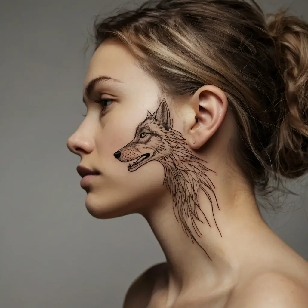 Side view wolf tattoo on neck and cheek, featuring detailed linework depicting fierce expression and flowing fur.