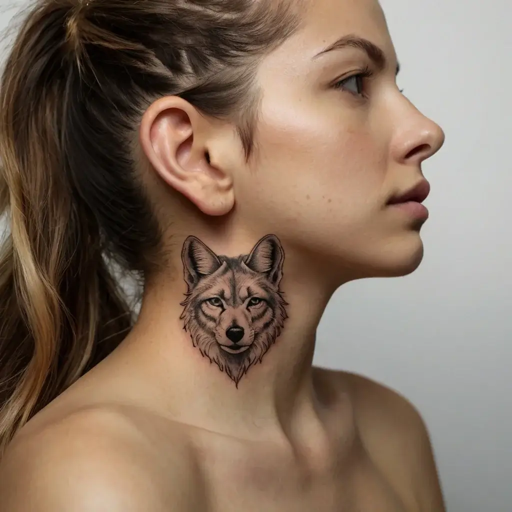 Realistic wolf head tattoo on neck; detailed shading and strong gaze, showcasing strength and independence.